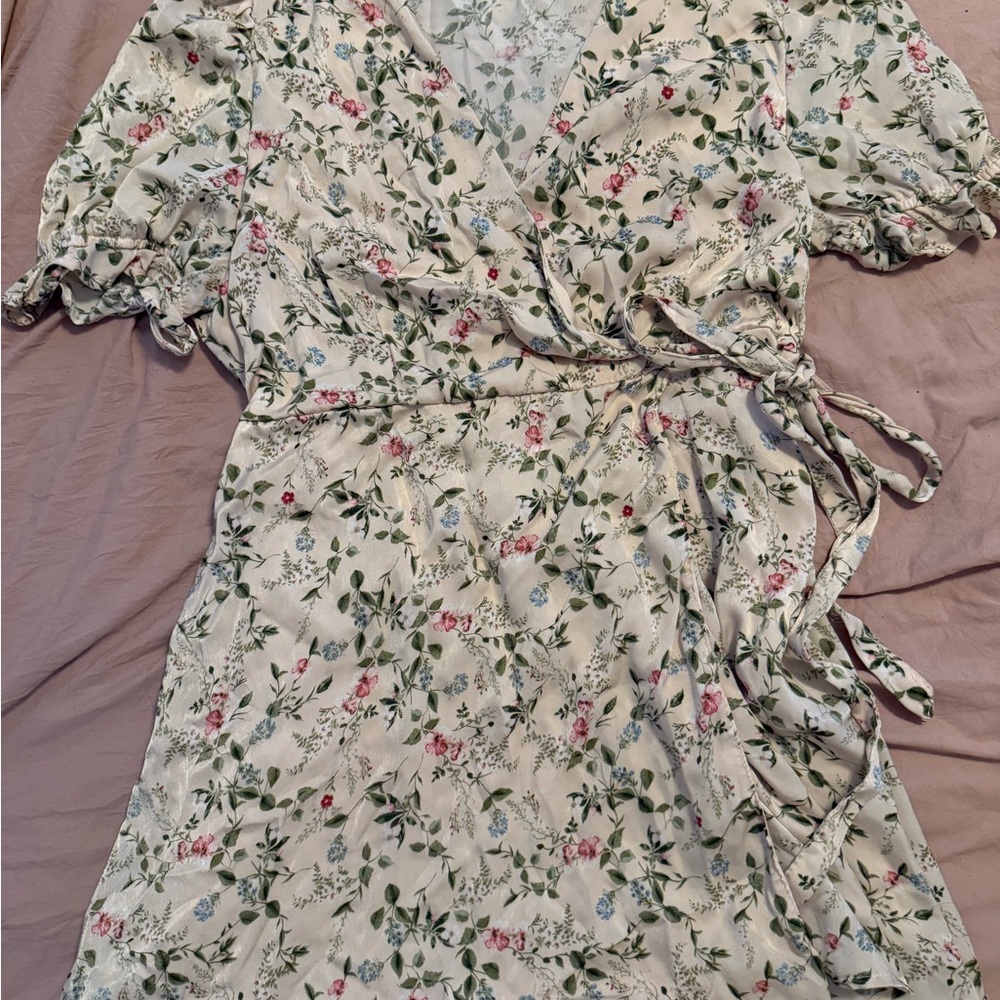Francesca's Collections Pink and Green Ruffled Wrap Midi Dress